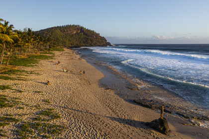 France, Reunion island (French overseas department), Petite-Ile on the southern coast, Grande Anse white sand beach at the foot of the Grande-Anse peak (aerial view)