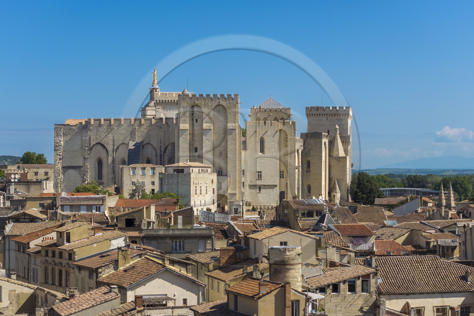 France, Vaucluse, Avignon, Palais des Papes (Palace of the Popes) listed as World heritage by UNESCO above the roofs of the old town (aerial view)