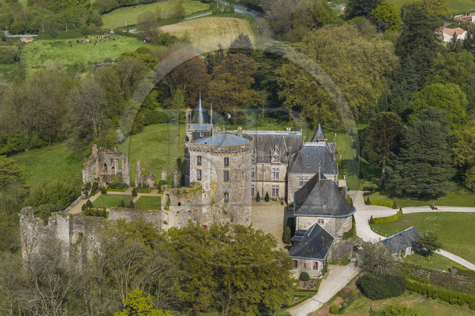 France, Vendée (85), Sèvremont, le chateau de la Flocellière, gite et chambre d'hotes (vue aérienne)