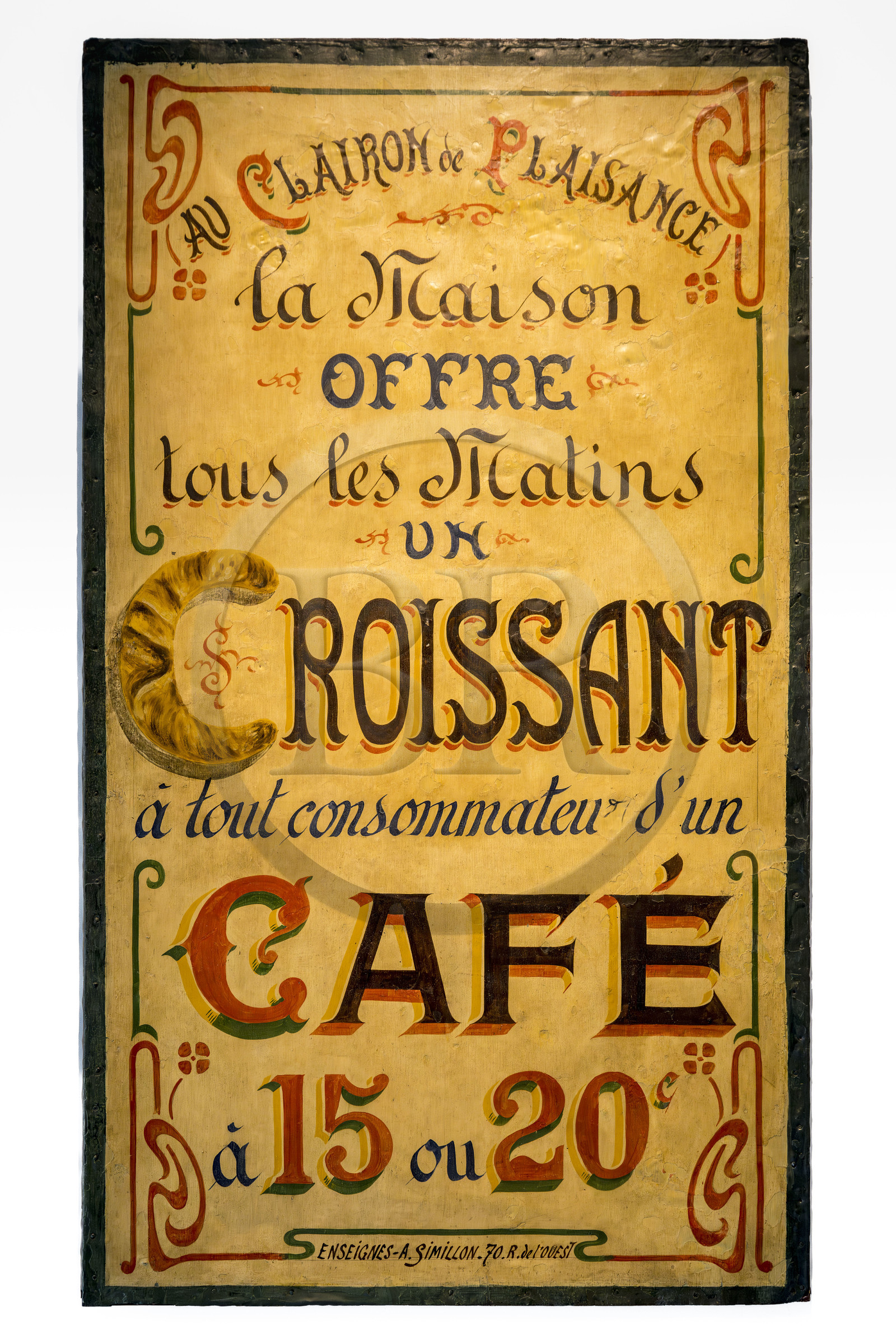 France, Paris, Marais district, Carnavalet Museum, Paris sign room, Au clairon de Plaisance (Pleasure Bugle), café sign formerly on rue de l'Ouest (late 19th century)