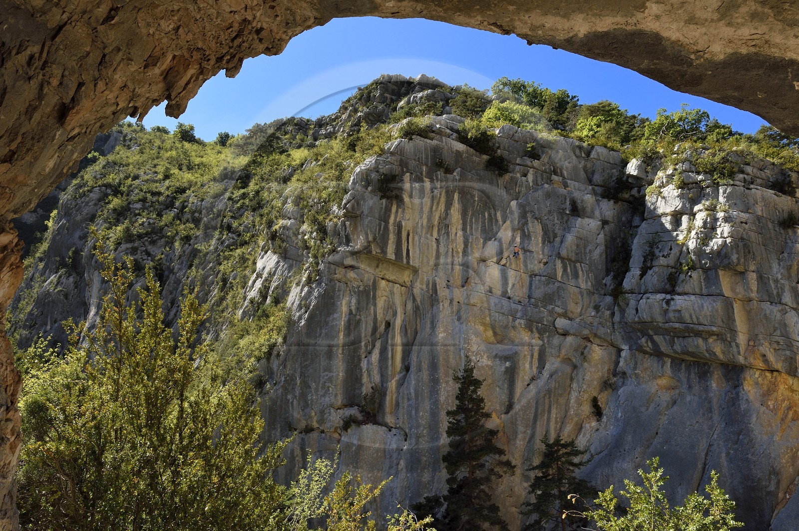 France, Alpes-de-Haute-Provence (04), Parc Naturel Régional du Verdon, les Gorges du Verdon en contrebas du village de Rougon et du Point Sublime, escalade sur une des parois rocheuses