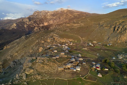 Azerbaijan, Quba (Guba) region, Greater Caucasus mountain range, village of Giriz at dawn (aerial view)