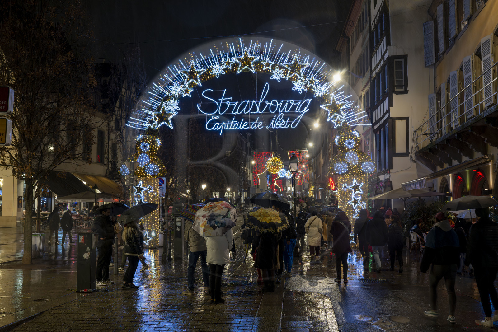 France, Bas Rhin, Strasbourg, old town listed as World Heritage by UNESCO, Strasbourg Capitale de Noël is displayed at the entrance to rue du Vieux-Marché-aux-Poissons