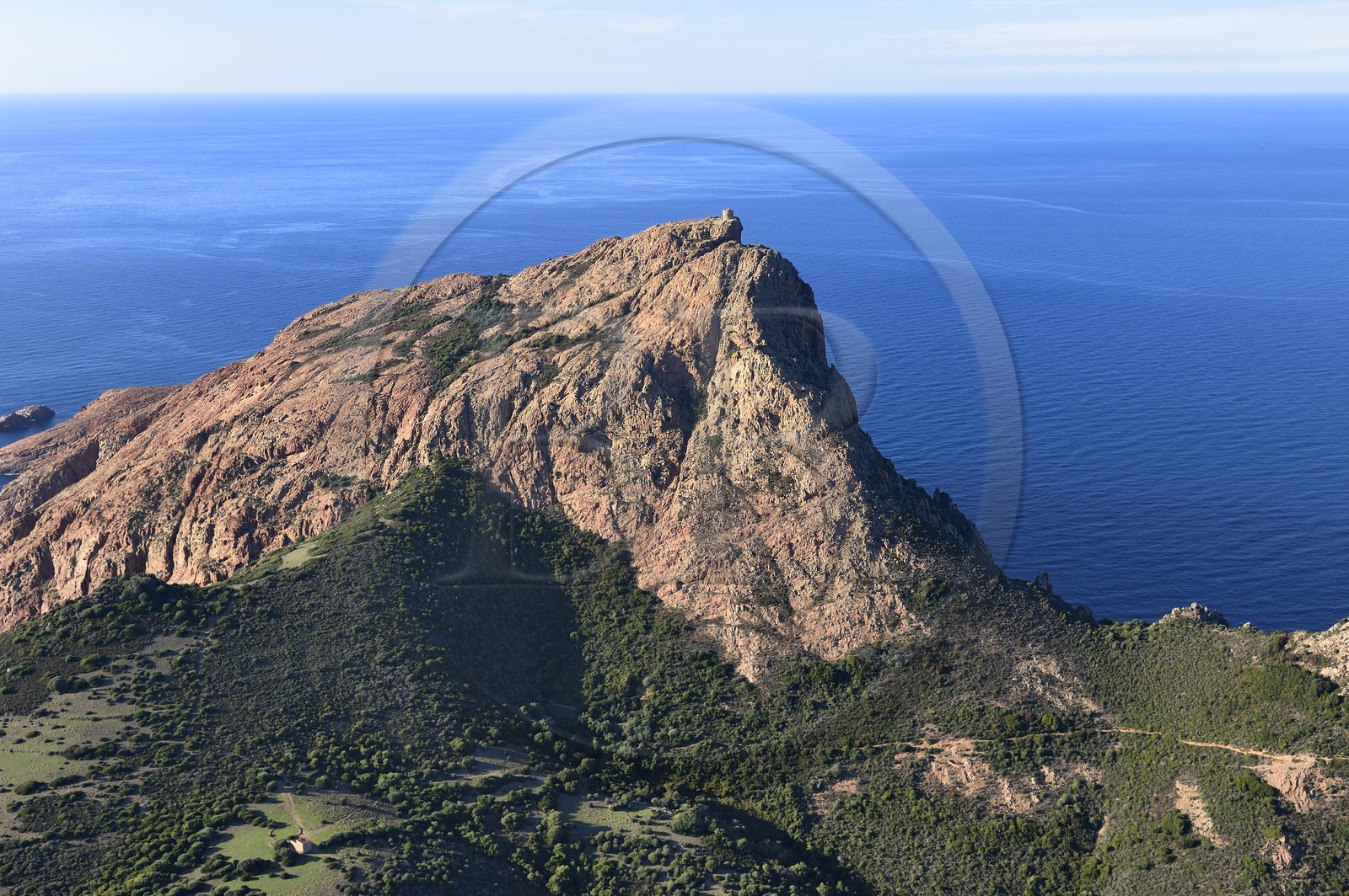 France, Corse du Sud, Golfe de Porto, listed as World Heritage by UNESCO, the Capo Rosso and the Genovese Tower of Turghiu (Turghio) in the background (aerial view)