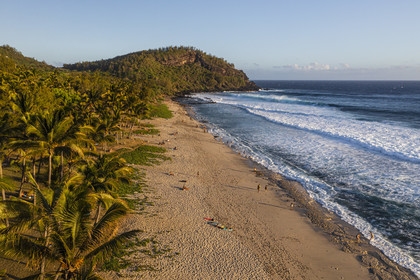 France, Ile de la Reunion, Petite-Ile sur la côte sud, plage de sable blanc de Grand-Anse au pied de piton Grande-Anse (vue aérienne)