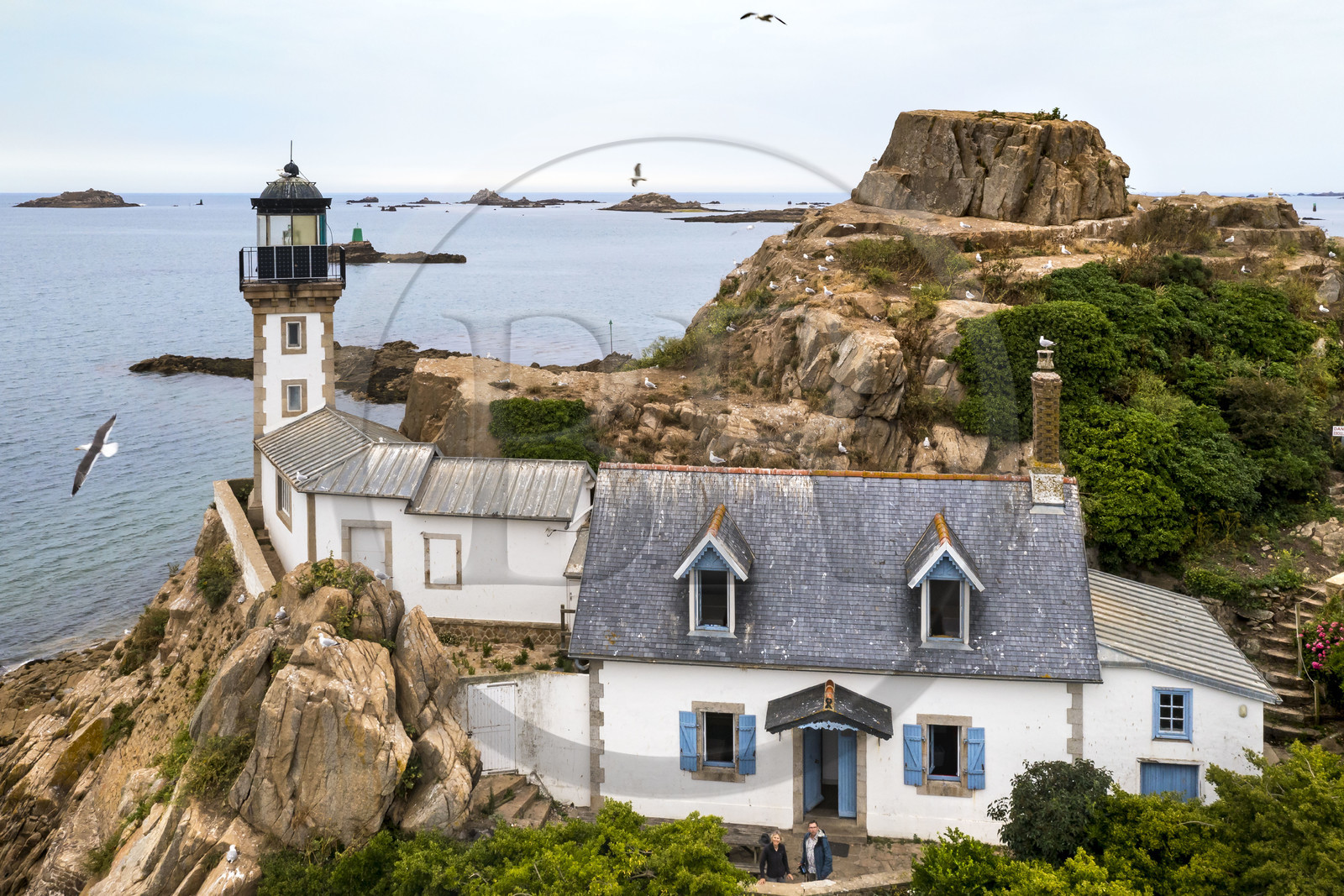 France, Finistère (29), Baie de Morlaix, Carantec, l'Ile Louët et son phare (vue aérienne)