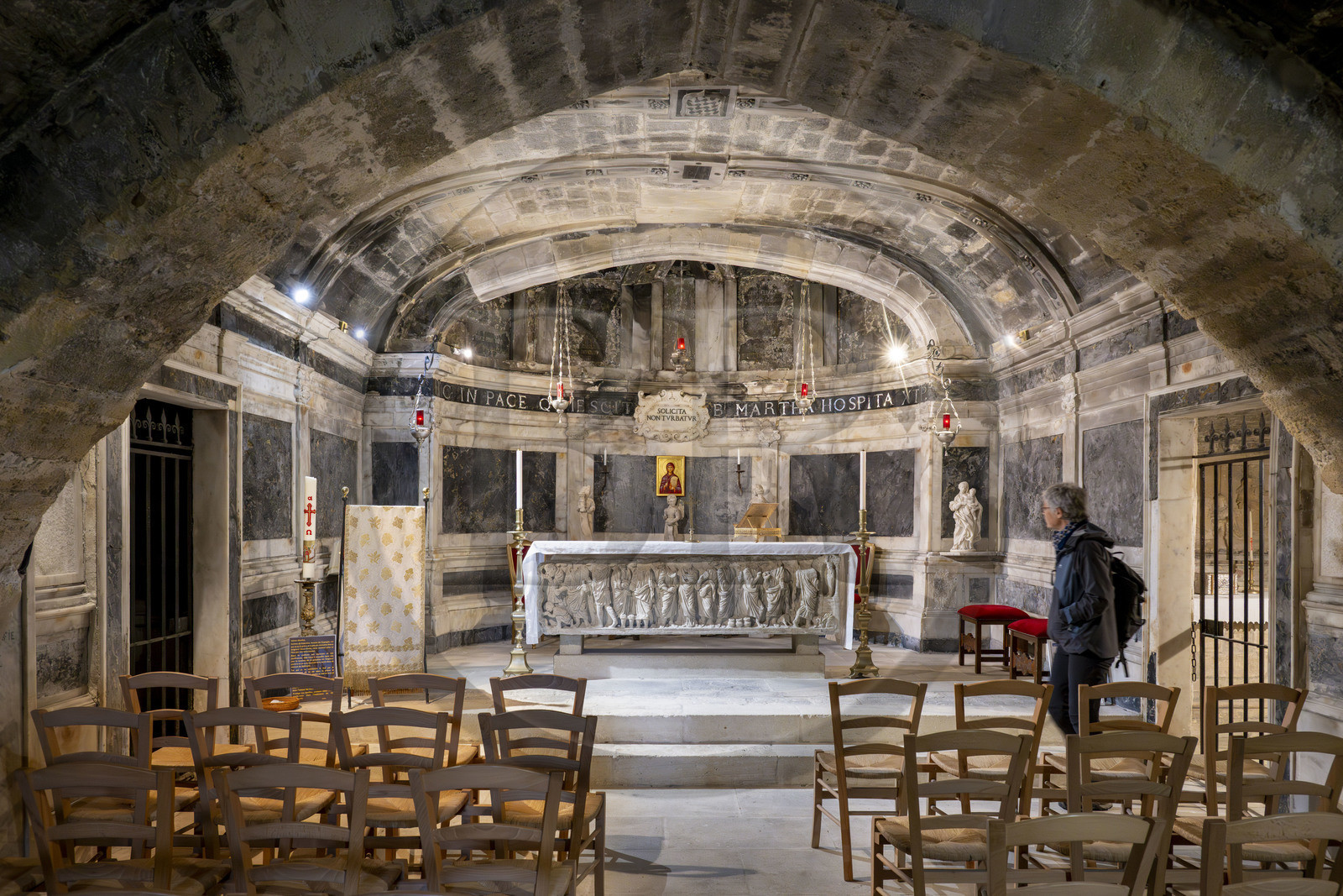 France, Bouches du Rhone, Tarascon, the royal collegiate church of Sainte-Marthe built in the 11th and 12th centuries, the crypt, remodeled in the 17th century, houses  the paleochristian sarcophagus in white marble (from the beginning of the 4th century) which contains the relics of Saint Martha