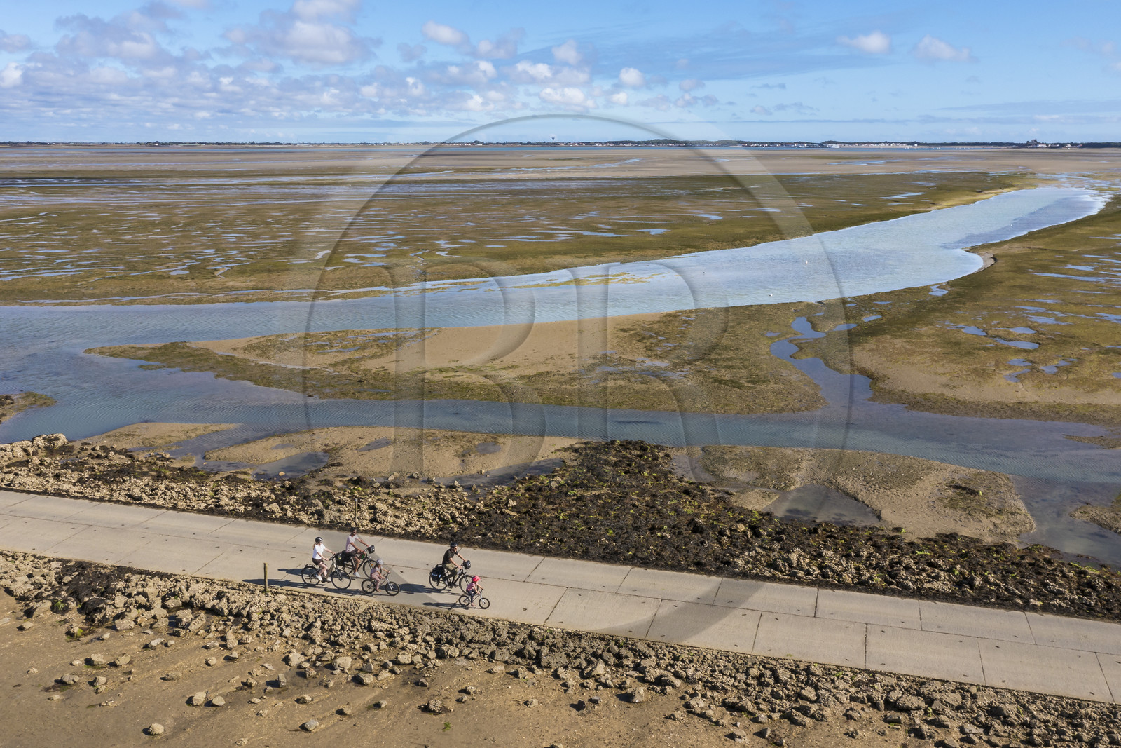 France, Vendée (85), île de Noirmoutier, Barbatre, cyclistes sur le passage du Gois, chaussée submersible qui relie l'île au continent à marrée basse (vue aérienne)