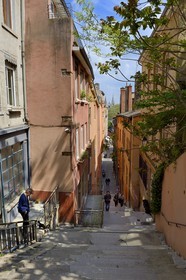 France, Rhone, Lyon, historical site listed as World Heritage by UNESCO, St. Paul neighborhood in the Vieux Lyon (Old Town), Montée du Change extending the rue de la Loge