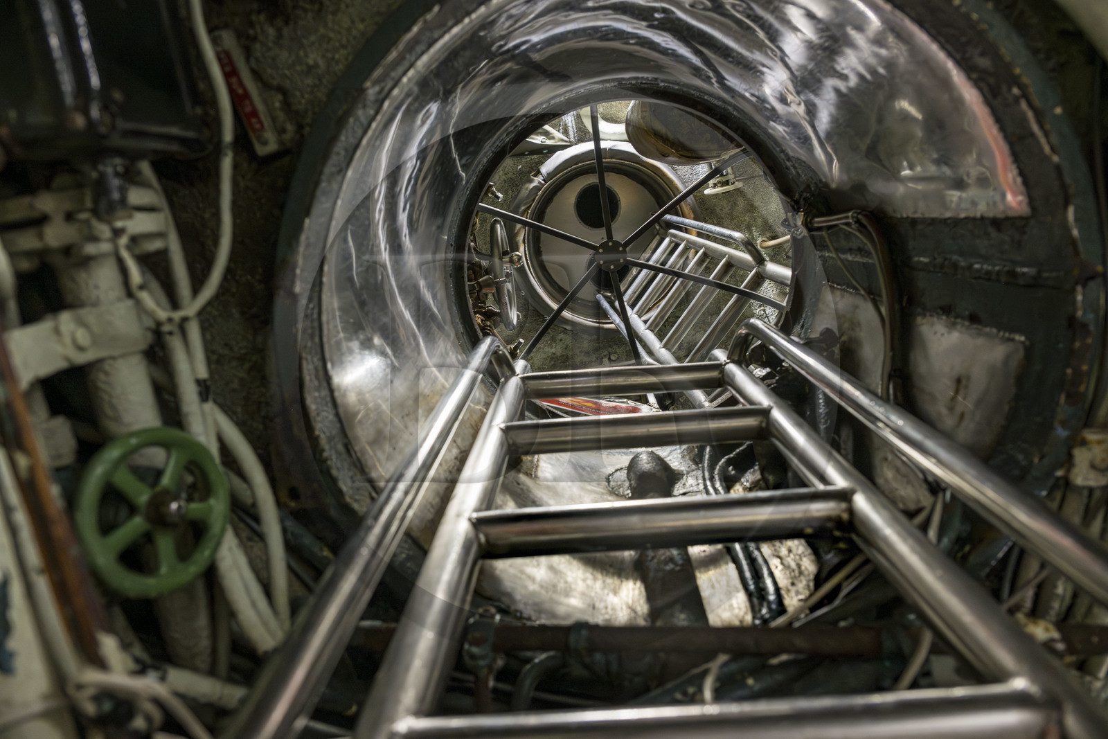 France, Loire Atlantique, Saint Nazaire, the Espadon submarine (S637), the first submarine of the French Navy to dive under the ice floe in 1964, sheltered in the bunker of the Fortified Lock of the former German submarine base built during the last world war, ladder to the kiosk
