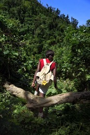 Caraïbes, Ile de la Dominique, randonneuse sur le segment 13 du Waitukubuli National Trail dans le nord de l'île entre Pennville et Capuchin