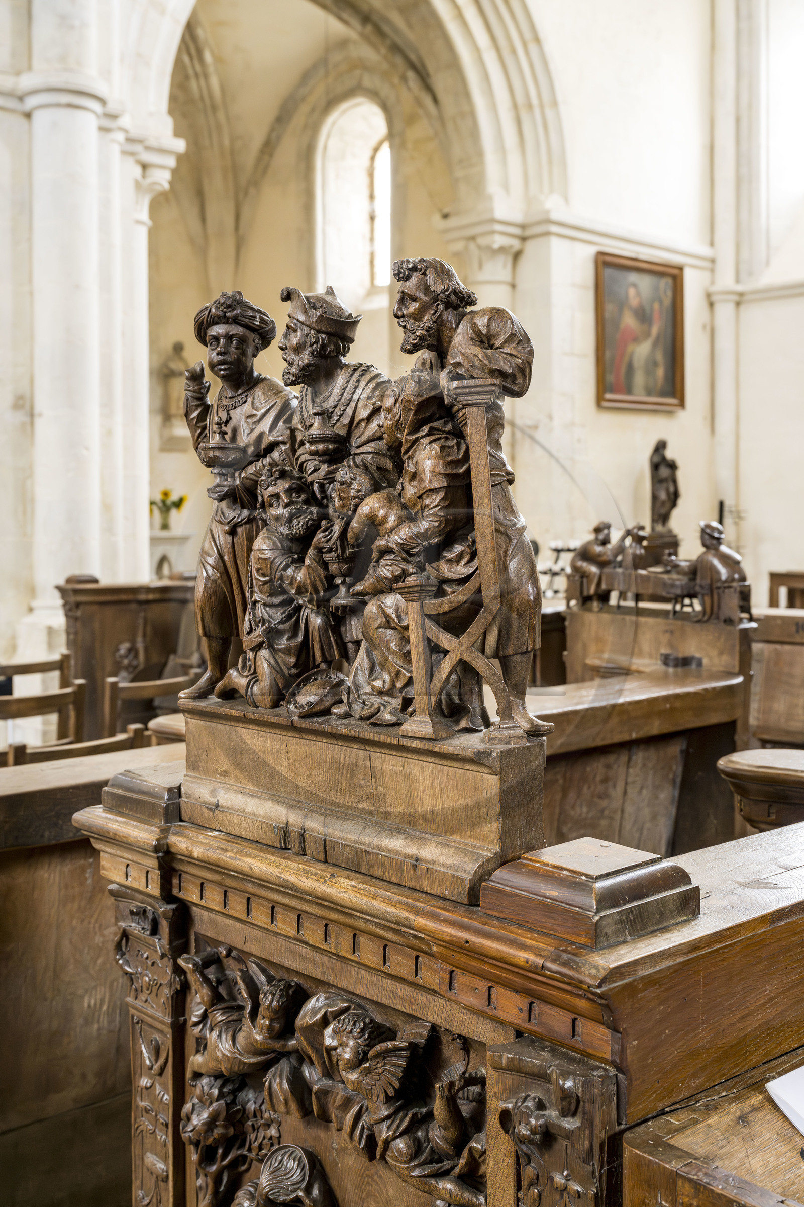 France, Yonne (89), Montréal (Bourgogne), la collégiale Notre-Dame de syle roman du XIIème siècle, stalles Renaissance en bois sculpté exécutées entre 1530 et 1550 et offerts par le roi François Ier, l'adoration des mages