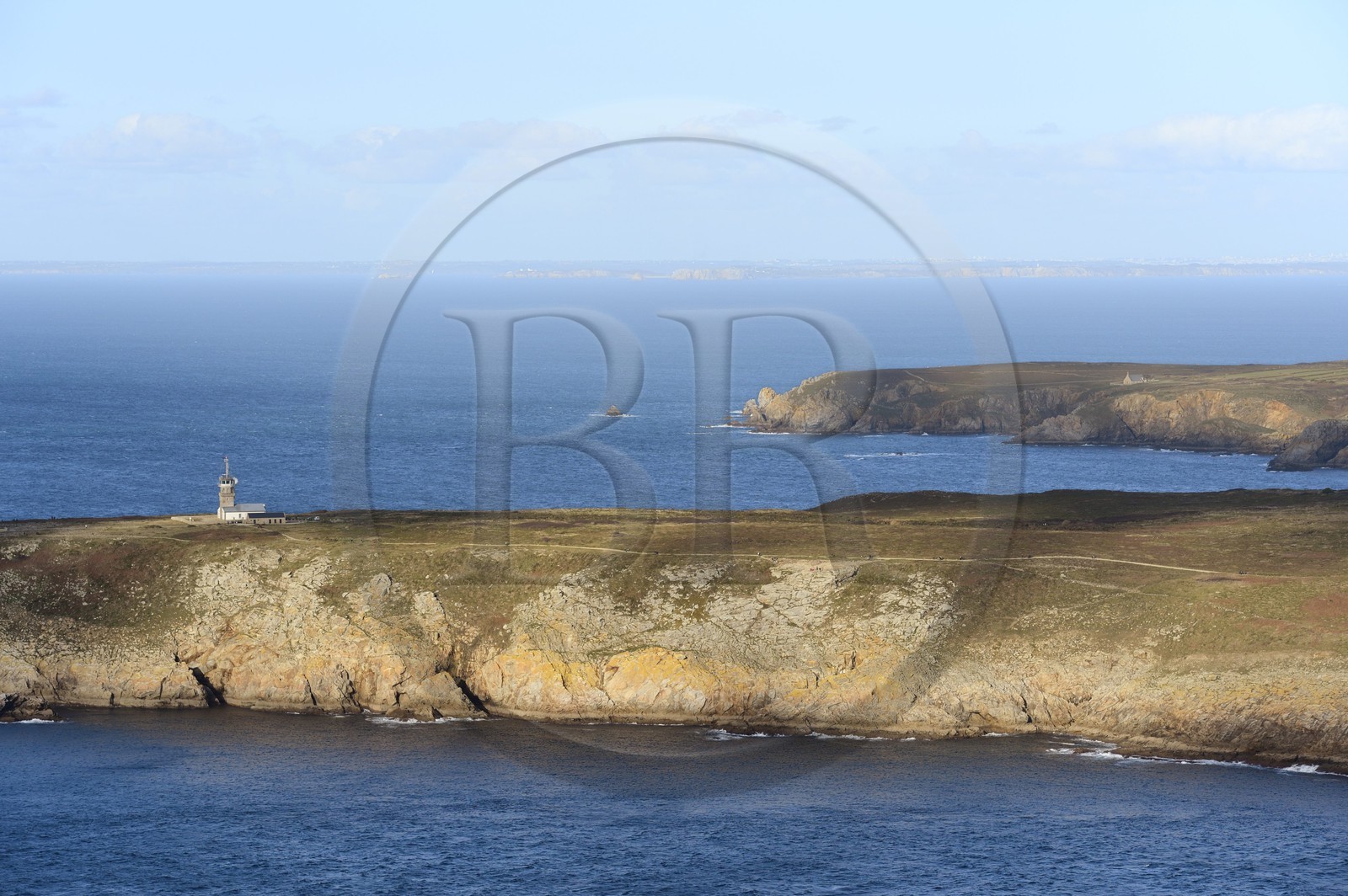 France, Finistere, Iroise Sea, Plogoff, the semaphore of the Pointe du Raz (aerial view)