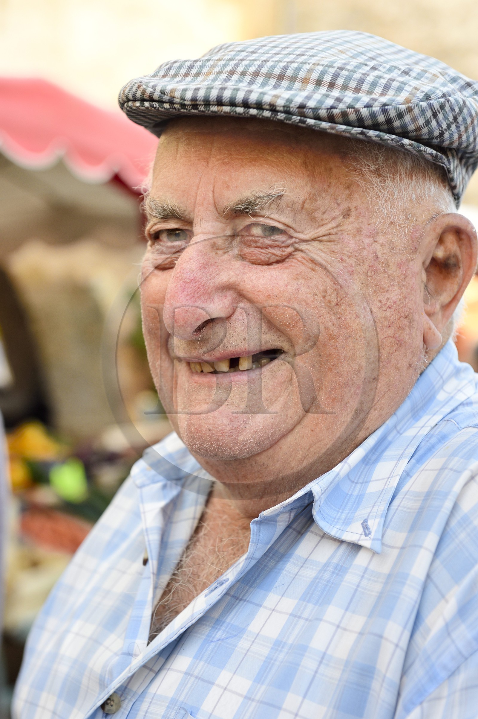 France, Dordogne (24), Périgord Pourpre, Monpazier, labellisé Les Plus Beaux Villages de France, jour de marché sur la place des Cornières, monsieur Vielmon un des anciens du village