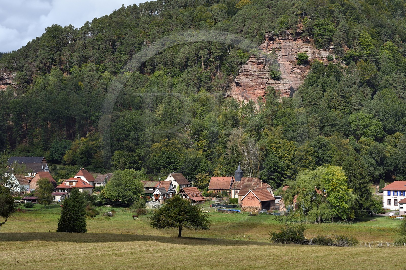 France, Bas-Rhin (67), Parc naturel régional des Vosges du Nord, Obersteinbach, l'église protestante du village dominé par le rocher de grès de Wachtfels