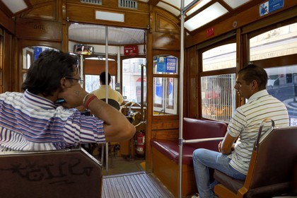 Portugal, Lisbon, Alfama district, inside an old tram (electricos)