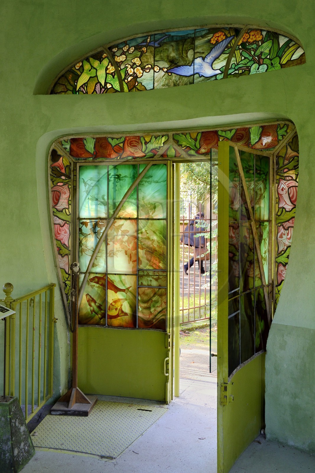 France, Meurthe-et-Moselle (54), Nancy, musée de l'Ecole de Nancy dans l'ancienne propriété d'Eugène Corbin, vitraux de la porte du pavillon aquarium (1904) par Jacques Gruber