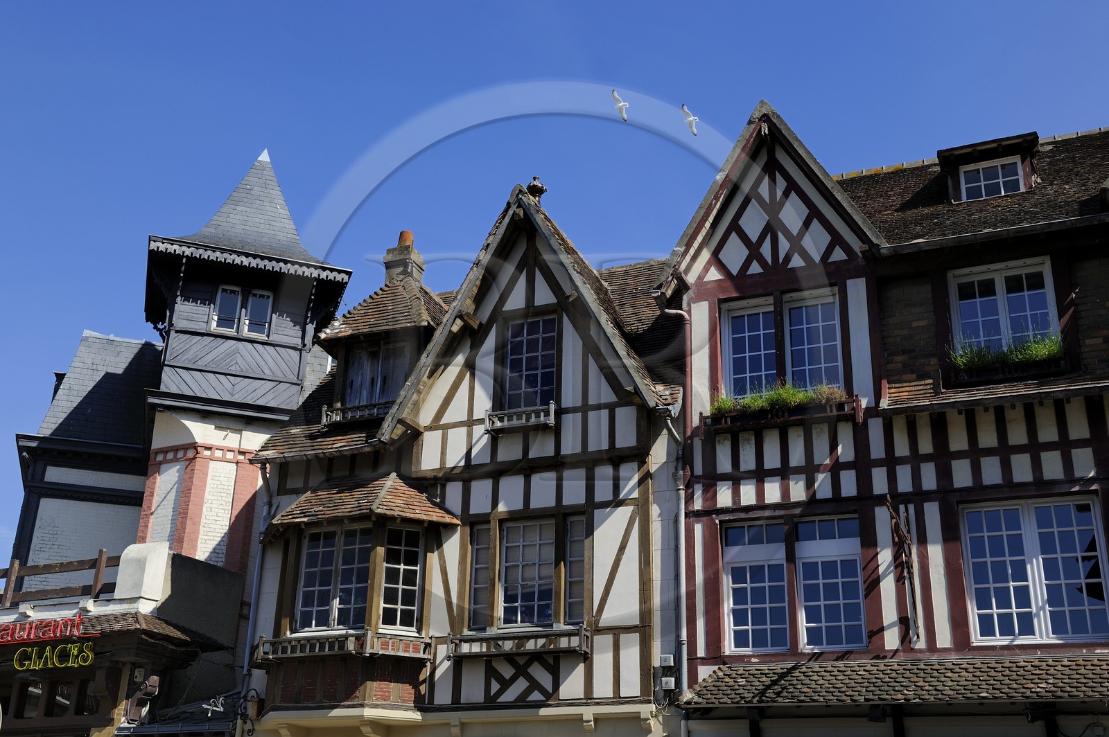 France, Calvados, Pays d'Auge, Deauville, half timbering houses rue Eugene Colas