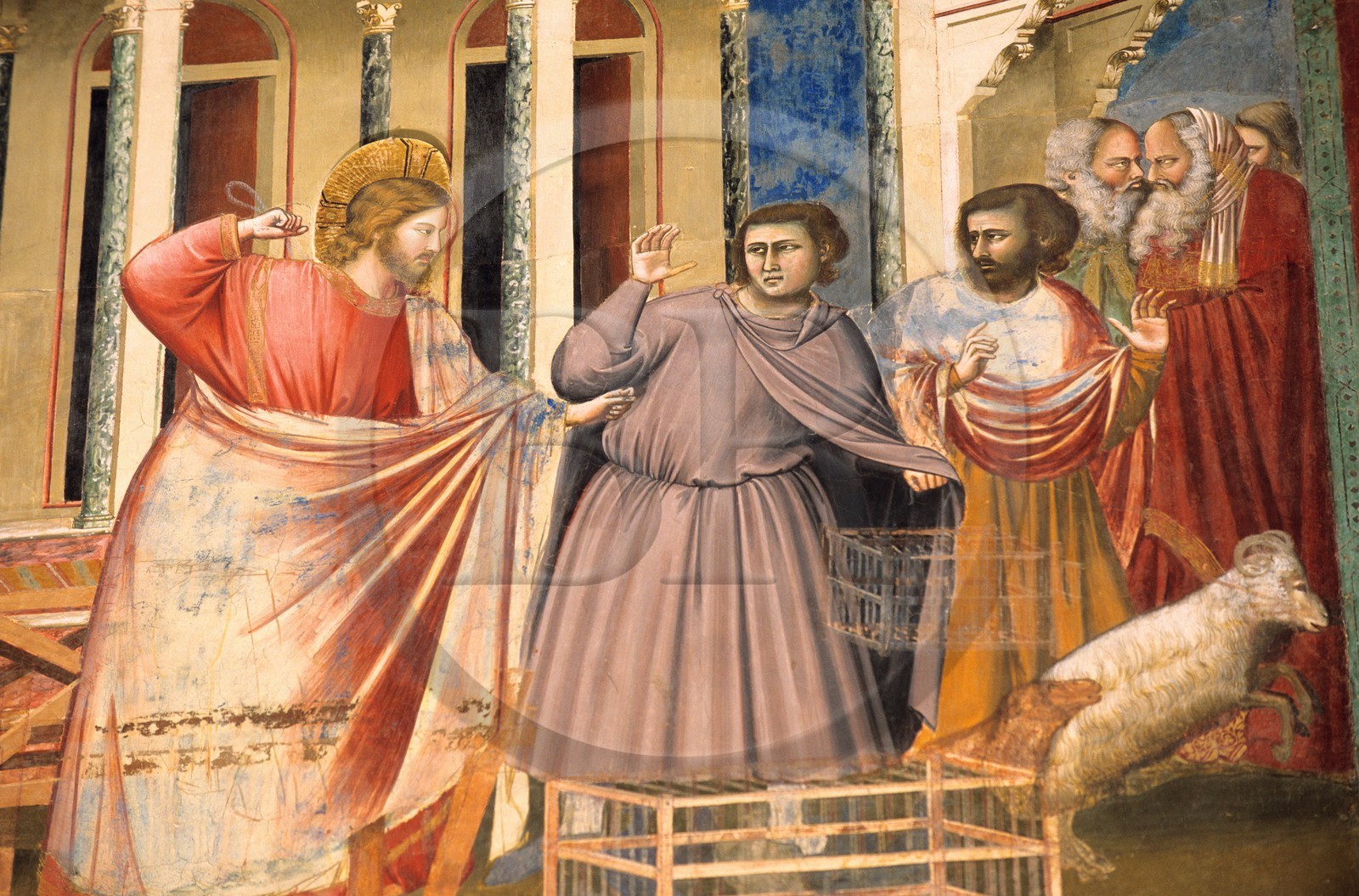 Italy, Venetia, Padua, Scrovegni chapel, frescoes by Giotto (Jesus chasing away the merchants with his fist raised)