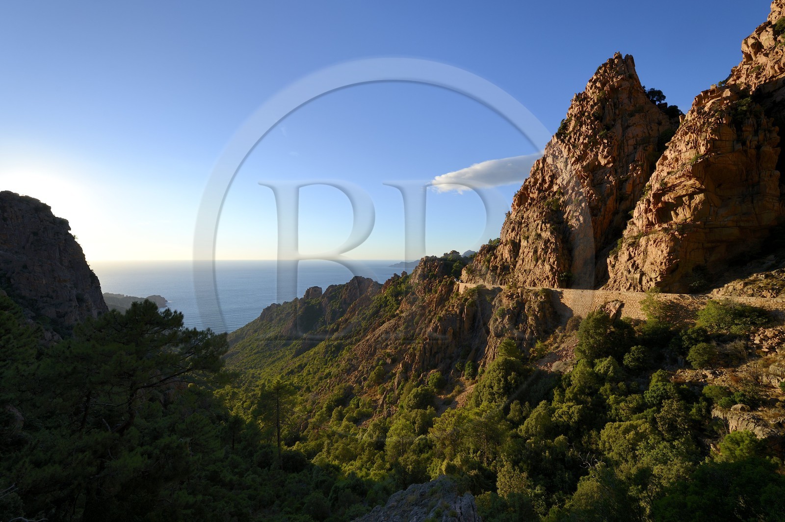France, Corse du Sud, Golfe de Porto, listed as World Heritage by UNESCO,  the Creeks of Piana (Calanches de Piana) with pink granite rocks and the D81 road between Porto and Cargese