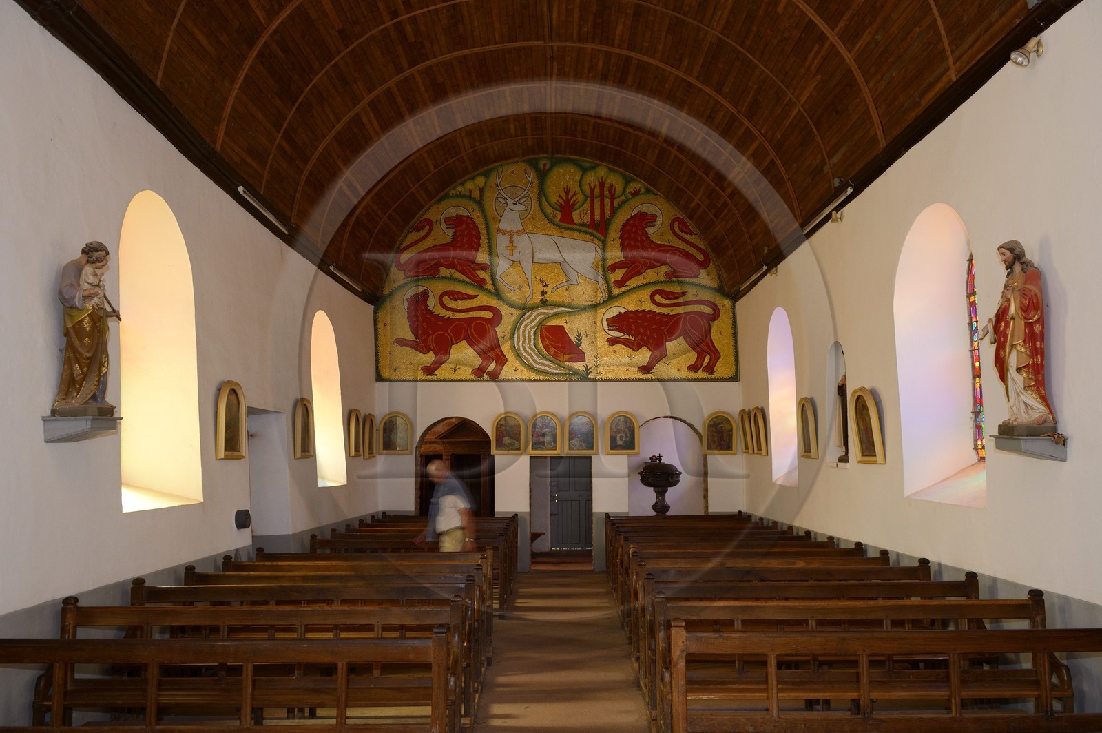 France, Morbihan, Broceliande Forest, Trehorenteuc, Sainte Onnenne church or the Graal chapel in the Arthurian Mythology, mosaic of Cerf blanc au collier d'or (white stag with a golden necklace), drawn by Jean Delpech on the information given by abbe Gillard
