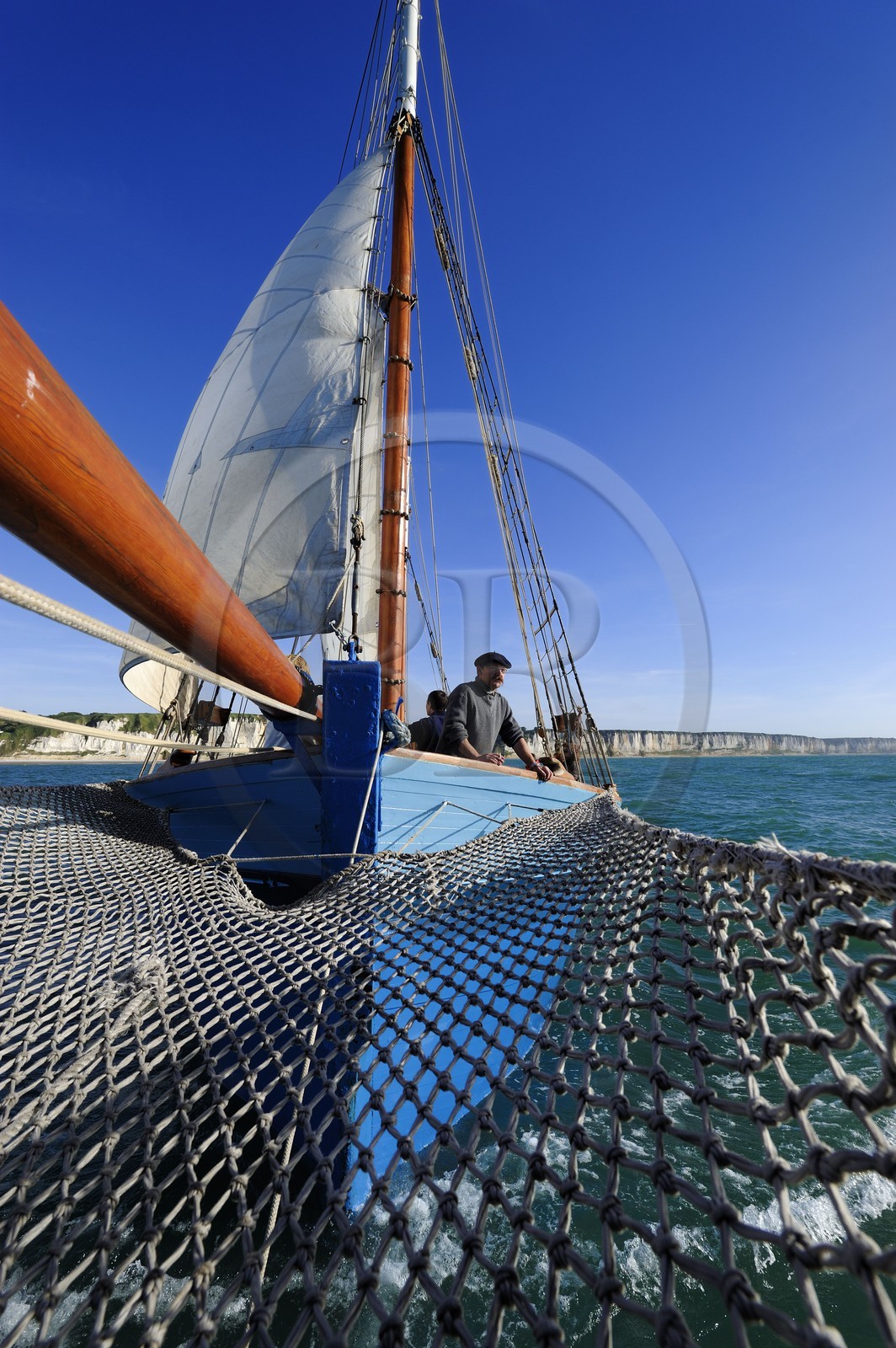 France, Seine Maritime, Pays de Caux, Cote d'Albatre, at sea aboard the old sailing ship Tante Fine off the Cliffs of Fecamp