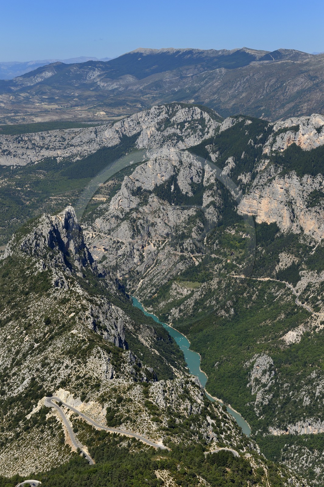 Var on the Left Bank and Alpes de Haute Provence on the Right Bank, Parc Naturel Regional du Verdon, the Verdon Gorge the Verdon Gorges and the Illoire pass in the foreground (aerial view)