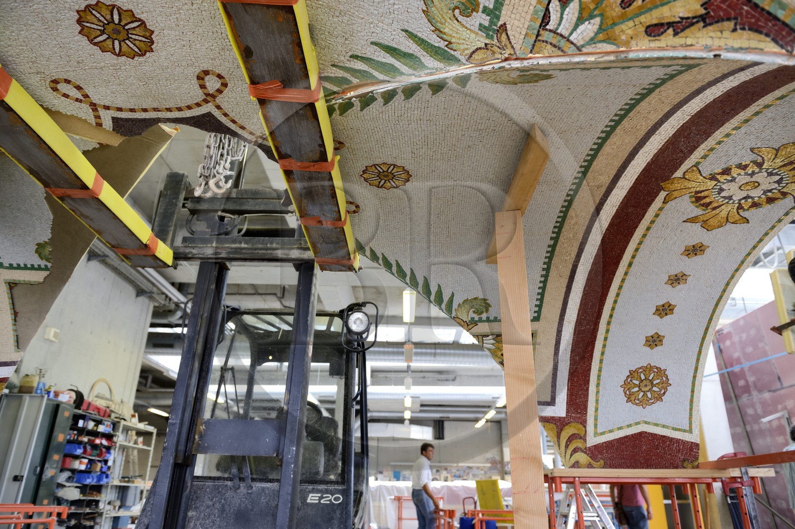 France, Rhone, Lyon, Saint Romain en Gal, Gallo-Roman Museum of Saint-Romain-en-Gal mosaics restoration workshop, restoration of the 19th century mosaics from the church of the former Antiquaille hospital