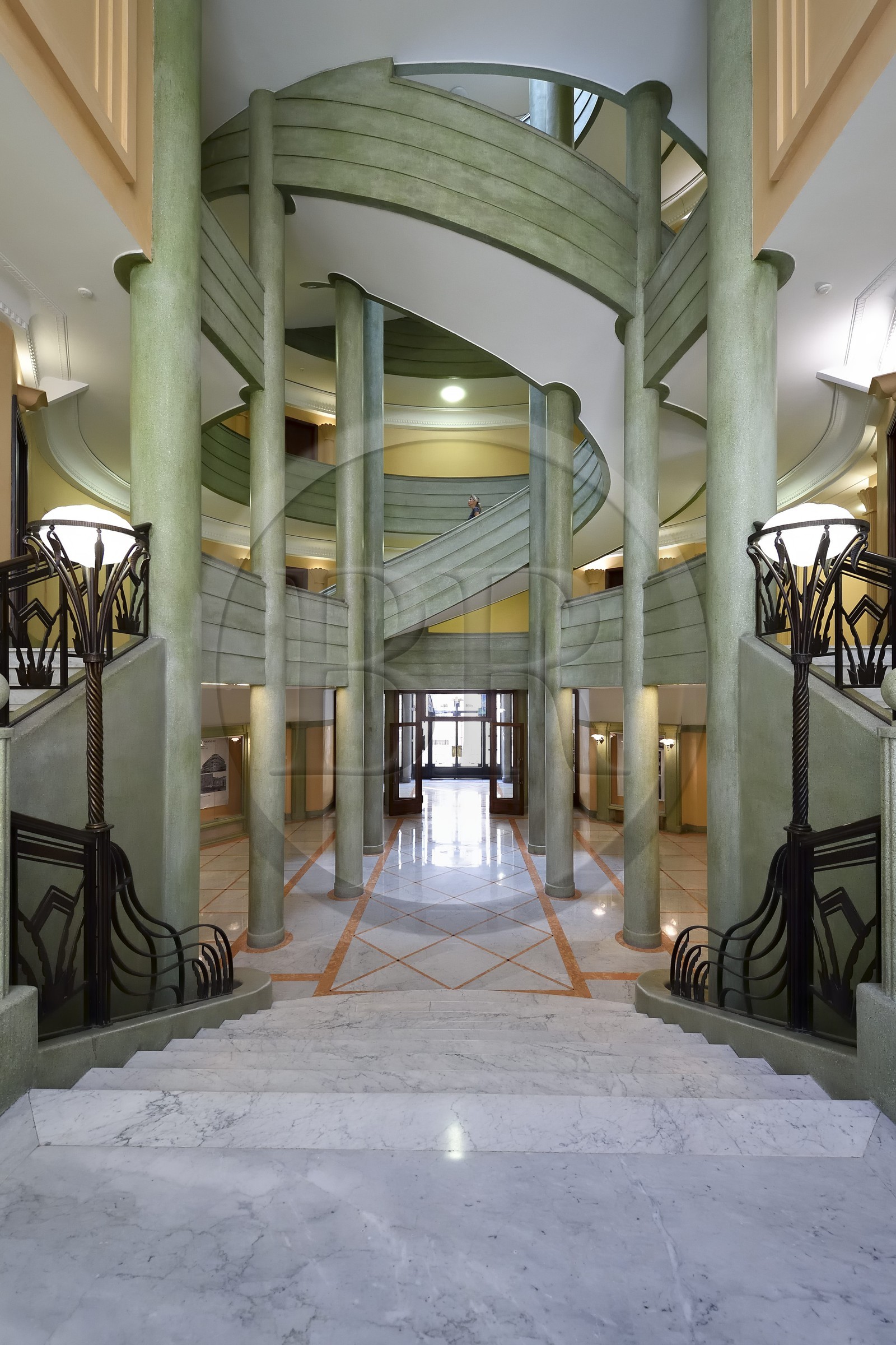 France, Alpes-Maritimes, Nice, Baumettes district, the Gloria Mansions Art deco building, the large lobby, monumental central staircase with elliptical cage