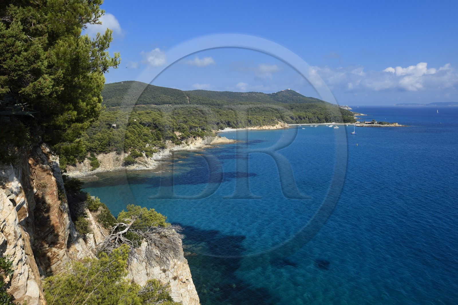 France, Var, Bormes les Mimosas, view from Brégancon Fort on Pointe de la Galère, in the background right the Levant Islands