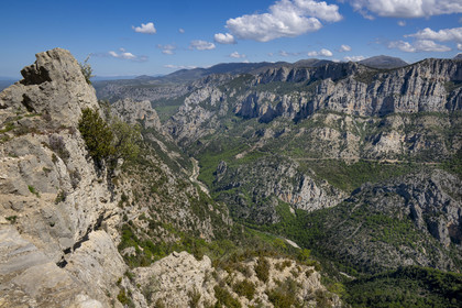 France, Var (83) rive gauche et Alpes-de-Haute-Provence (04) rive droite, Parc Naturel Régional du Verdon, les Gorges du Verdon débouchant sur le lac de Sainte Croix vu depuis le Col d'Illoire
