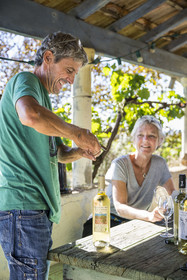 France, Hérault (34), Vic-La-Gardiole, Mas de la Plaine Haute, dégustation de vin chez le viticulteur Olivier Robert sur la terrasse de son mas