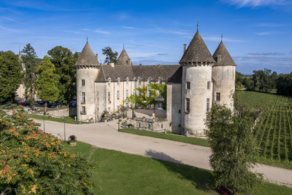France, Cote d'Or, Climats terroirs of Burgundy listed as World Heritage by UNESCO, Côte de Beaune, Savigny-les-Beaune, the castle with museums and collections of fighter planes, Abarth racing cars, motorcycles, straddle tractors, models, fire trucks (aerial view)