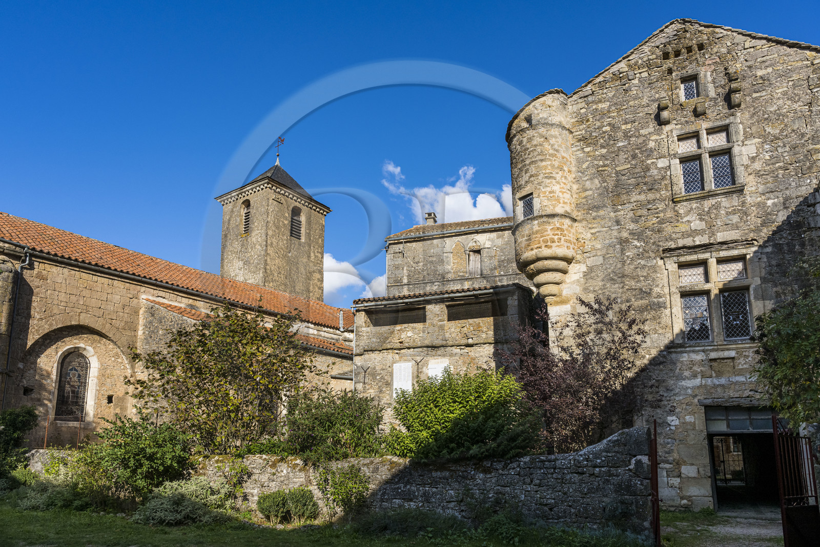 France, Aveyron, Causses and the Cévennes, cultural landscape of Mediterranean agro-pastoralism, listed as World Heritage by UNESCO, Sainte-Eulalie-de-Cernon, Templar Commandery then Hospitaller Commandery of the Order of Saint John of Jerusalem, the watchtower on the Renaissance wing dated 1648 in the interior courtyard of the commandery
