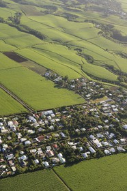 France, île de la Réunion, côte Nord-Est entre Sainte-Suzanne et Saint-André, champs de cannes à sucre (vue aérienne)