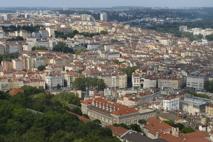 France, Rhone, Lyon, historical site listed as World Heritage by UNESCO, the slopes of the Croix Rousse hill and the Saint-Paul district in the Vieux Lyon in the foreground