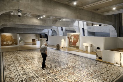 France, Rhone, Lyon, historical site listed as World Heritage by UNESCO, colline de Fourviere, Gallo-Roman Museum of Fourvière, Svastikas mosaic that comes from a big house on the Fourviere hill