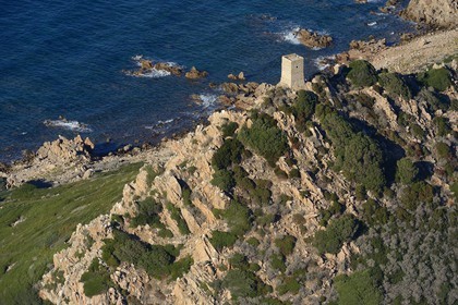 France, Corse du Sud, Golfe d'Ajaccio, Parata point, Sanguinaires islands, Mezzu mare island Castelluccio tower (aerial view)