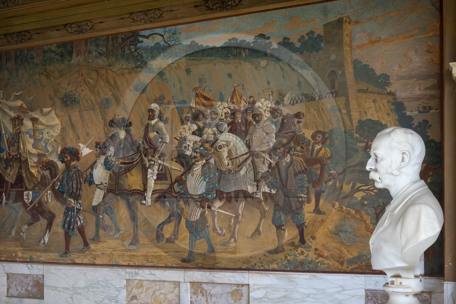 Italie, Ligurie, Province d'Imperia, Vintimille, Jardin botanique Hanbury, Palazzo Orengo, buste de Thomas Hanbury dans la loggia et fresque Le passage de Charles V de Vintimille (1903) de Angelo Vernazza