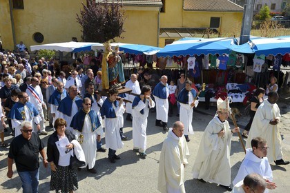 France, Haute Corse, Niolu (Niolo) region, Casamaccioli, la Santa di Niolu religious festivity to celebrate the Nativity of the Virgin, procession of religious brotherhoods members