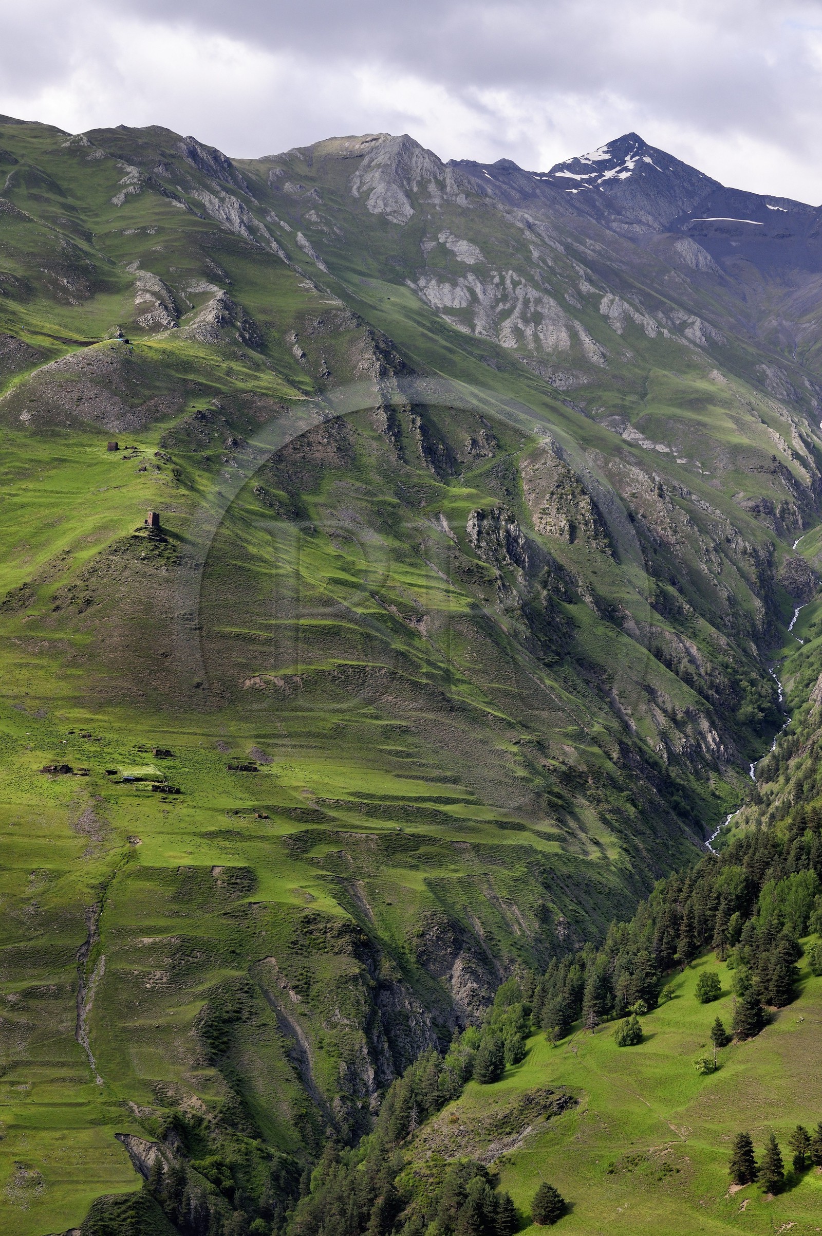 Géorgie, Kakheti, Parc national de Touchétie, vallée de la rivière Alazani dans les montagnes de Pirikiti, hameau à l'Est du village de Dartlo, ruines de tours médiévales fortifiées