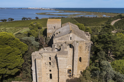 France, Hérault (34), Villeneuve-lès-Maguelone (Palavas-Les-Flots), cathédrale Saint-Pierre-et-Saint-Paul de Maguelone des XIIème et XIIIème siècles entourée de vignes sur son île, l'Etang du Prévost et Palavas-Les-Flots en arrière plan (vue aérienne)