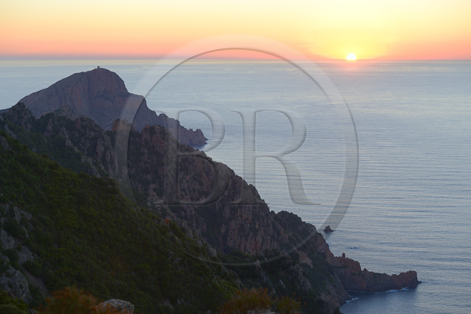 France, Corse du Sud, Golfe de Porto, listed as World Heritage by UNESCO, the Capo Rosso and the Genovese Tower of Turghiu (Turghio) in the background
