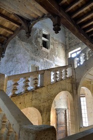France, Dordogne, Périgord Vert, Saint Jean de Cole, labelled Les Plus Beaux Villages de France (The Most Beautiful Villages of France), Marthonye or Marthonie castle, the 17th century grand staircase and the old facade of the 15th century castle
