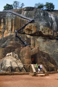 Sri Lanka, province centrale, district de Matale, Sigiriya, ville ancienne de Sigiriya classée patrimoine mondial de l'UNESCO, l'ancien palais forteresse du Rocher du Lion, les pattes du lion dont la tête a aujourd'hui disparue encadre l'escalier d'accès au ruines de la forteresse