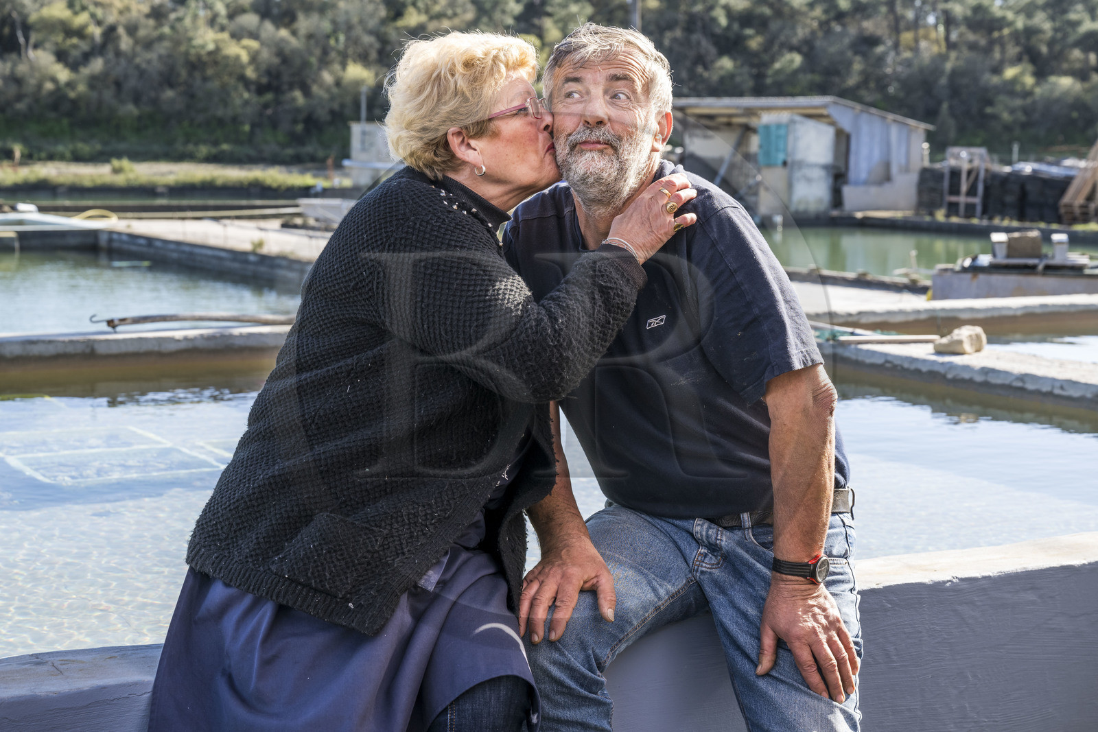 France, Vendée (85), Talmont Saint Hilaire, port of the oyster farming village of La Guittière in the Payré estuary, oyster farmer Patrick Guyau and his wife