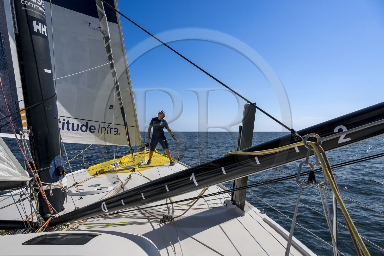 France, Vendee, Les Sables d'Olonne, skipper Manuel Cousin training on his 60-foot monohull sailboat IMOCA Coup de Pouce