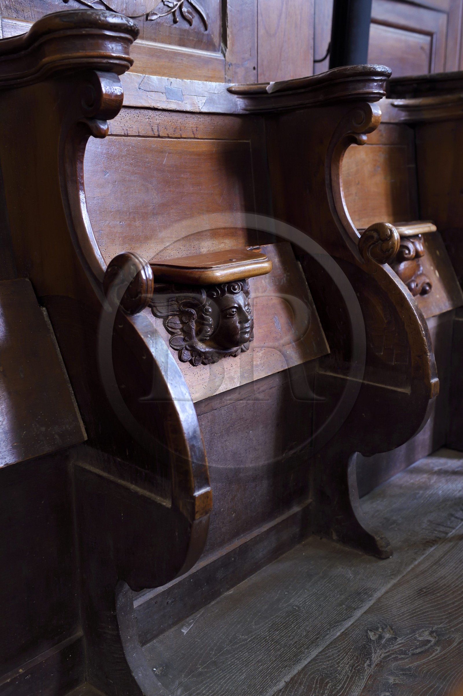 France, Dordogne (24), Périgord Blanc, Saint-Astier sur la Véloroute Voie verte qui longe la rivière L'Isle, l'église Saint-Astier, une stalle dans le choeur