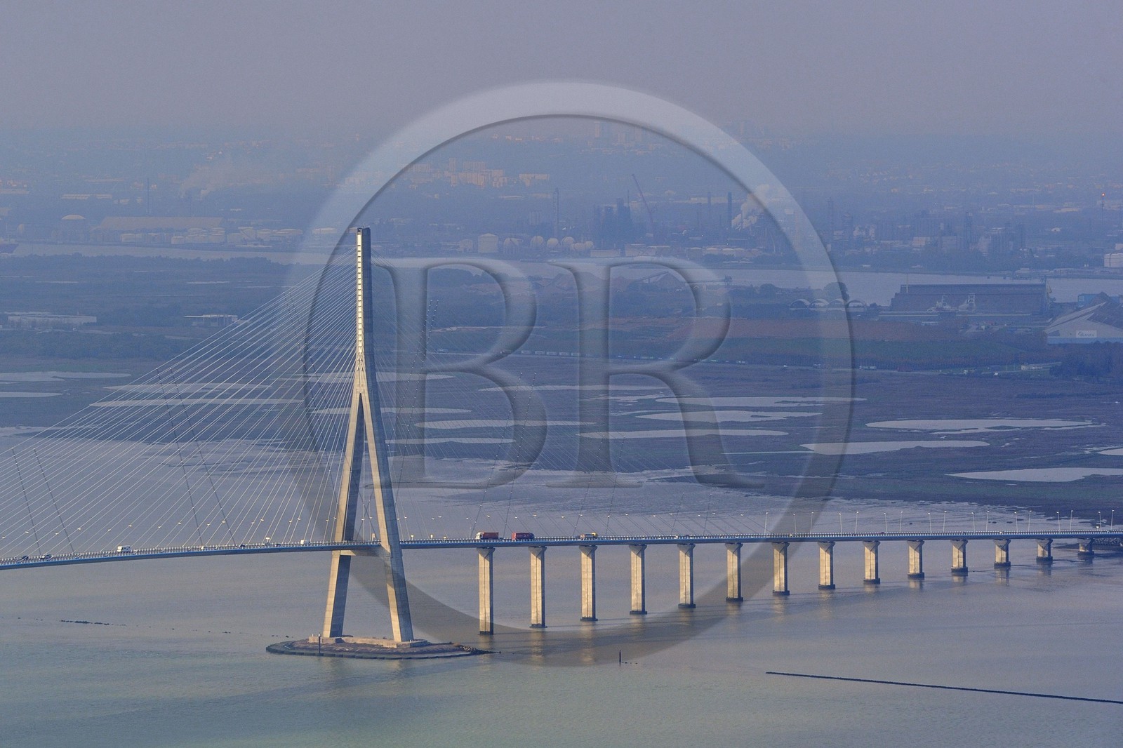 France, between  Calvados and Seine Maritime, the Pont de Normandie (Normandy Bridge) spans the Seine to connect the towns of Honfleur and Le Havre (aerial view)