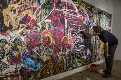 France, Alpes-Maritimes, Cannes, the artist Orsten Groom during his exhibition at the Suquet des Artistes in 2022